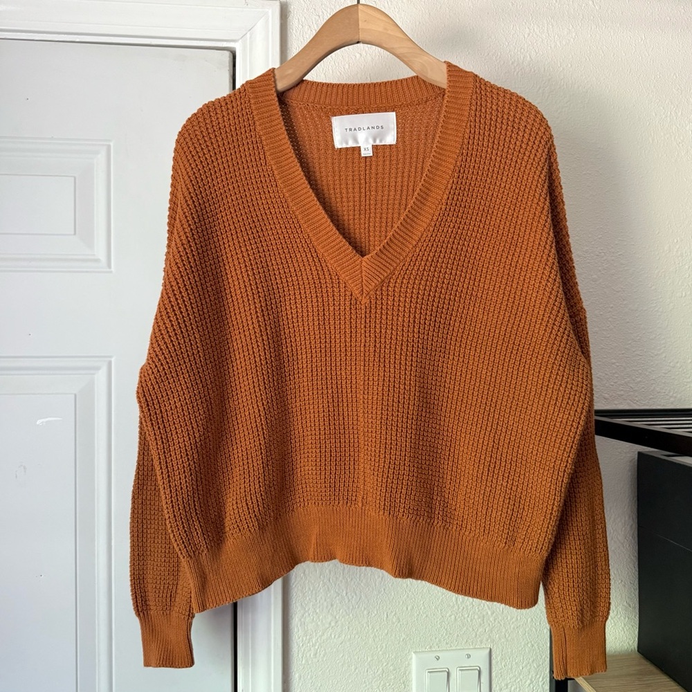 TRADLANDS rust orange cotton v neck‎ boxy oversized pullover sweater